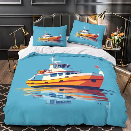 YVASPQRTW Ilustración de Barco 3D Impresión Funda de edredón 3pz Microfibra Antimanchas Náutico Colorido Edredón Funda 2 Fundas Cremallera Chicas Niños Single (135x200cm)