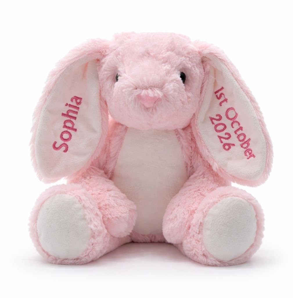 Lobeko Personalised Baby Bunny Teddy Bear – Soft Plush Rabbit with Custom Name & Date – Newborn Baby Gift, Baby Shower Present, Nursery Soft Toy, Baby’s 1st – 5 Colours — image 1