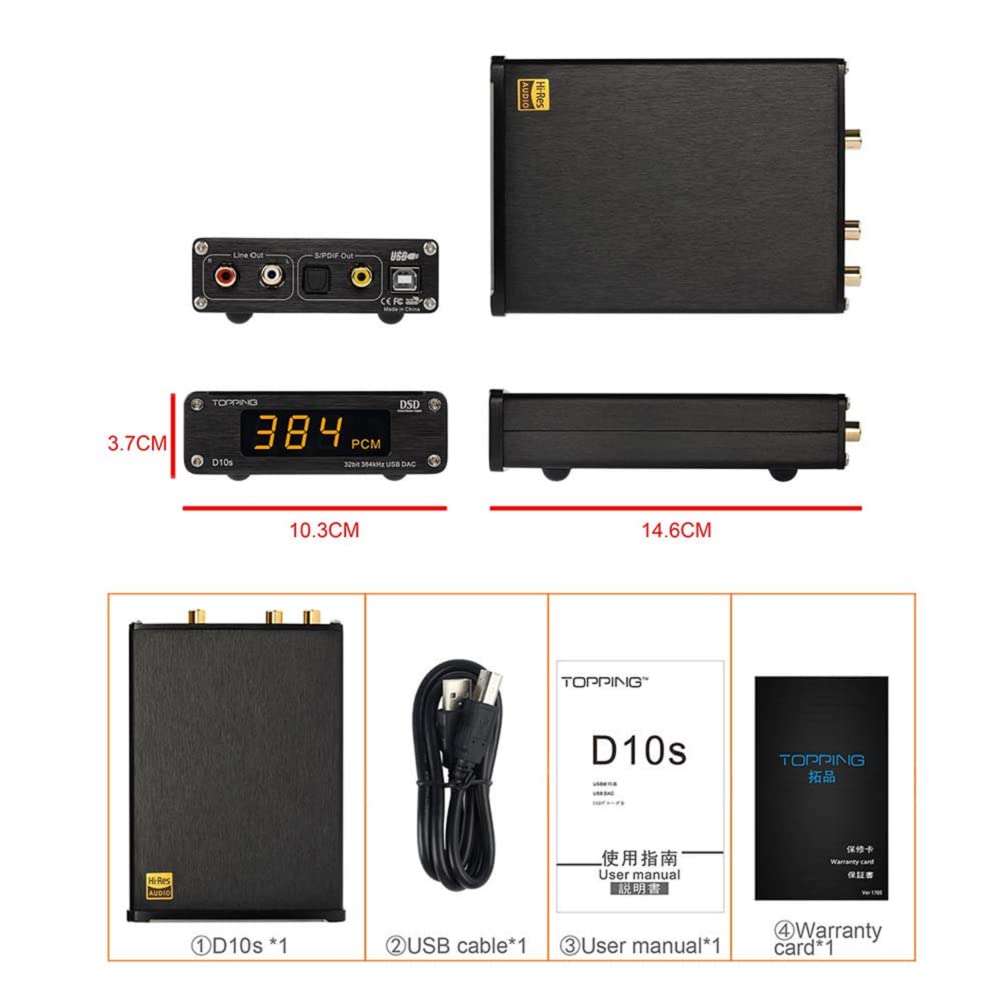 TOPPING D10s HiFi DAC USB Decoder HiFi XMOS XU208 ES9038Q2M DAC Optisch Koaxial DSD256 384kHz Audio Decoder (Schwarz)
