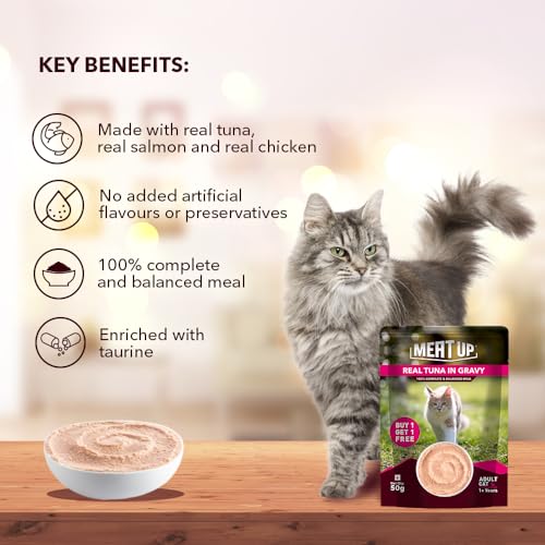 Image of Meat Up Adult Cat Wet Food 16 Pouches x 50g, Total 800g | Real Tuna in Gravy | Supports Heart & Vision Health | Strong Bones & Teeth | Natural Flavours | Organic Minerals & Vitamins