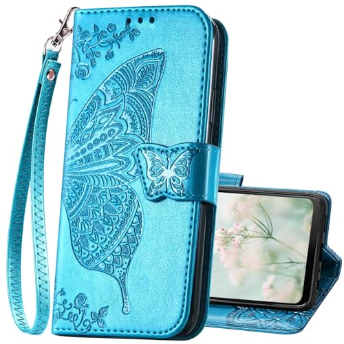 KRHGEIK for Moto G Play 2024 Phone Case Wallet,Women Butterfly Embossed PU Leather Stand Card Holder Slots Wrist Strap Flip Cover Purse for Motorola Moto G Play 2024 (Blue)