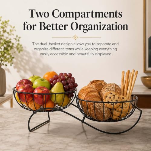 Image of Go Hooked Metal Dual Fruit Basket for Kitchen Counter & Dining Table | Decorative Wire Fruit Bowl with Curved Base | Multipurpose Storage Basket for Fruits, Bread, Snacks & Tabletop (L47xW18xH17) cm