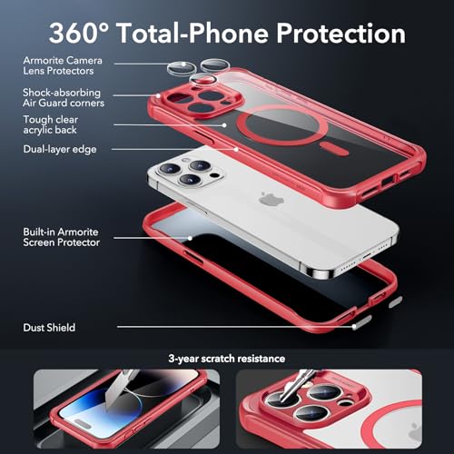 Image of ESR for iPhone 14 Pro Max Case, Compatible with MagSafe, Full-Body Military-Grade Drop Proof Case for iPhone 14 Pro Max with Built-in 9H+ Tempered Glass Screen Protector, Clear Red