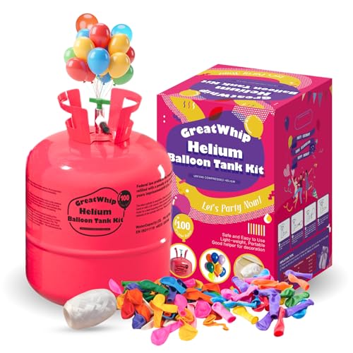 GreatWhip Helium Gasflasche Ballongas 600 Liter (0,6m³) XXXL für 100 Luftballons Einweg mit Füllventil, inkl. Kinderluftballons und Bänder, Hochzeit, Geburtstag, Firmenevent, Party GreatWhip Helium Gasflasche Ballongas 600 Liter (0,6m³) XXXL für 100 Luftballons Einweg mit Füllventil, inkl. Kinderluftballons und Bänder, Hochzeit, Geburtstag, Firmenevent, Party