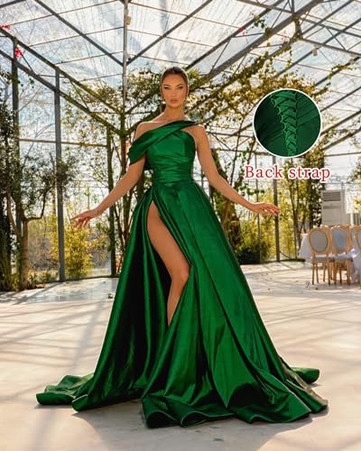 One Shoulder Prom Dresses for Women Satin Long Ball Gown with Slit Ruched Formal Evening Dresses2