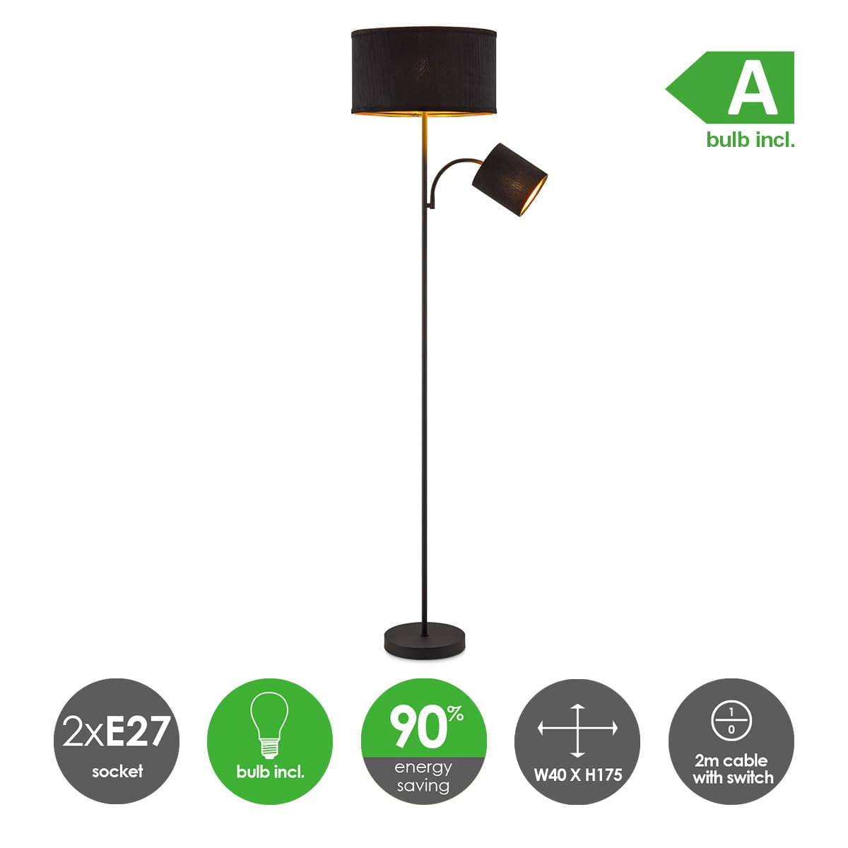 Home Sweet home Stehlampe Schwarz mit Leselampe – 175 cm Stehleuchte mit Corduroy Lampenschirm - 2 LED Leuchtmittel (2700K) - Moderne Standleuchte für Wohnzimmer & Lesen