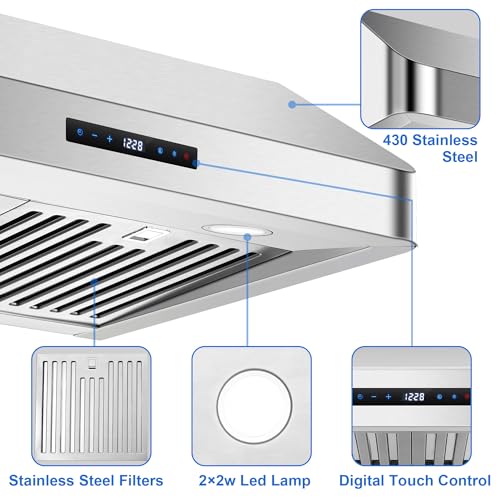 Under Cabinet Range Hood 30 inch, Kitchen Hood 900 CFM Stainless Steel with Touch & Remote Control, 3-Speed Fan, Time Setting, Dishwasher Safe Baffle Filters, Range Hoods Ductless Convertible Duct - Thumbnail 5
