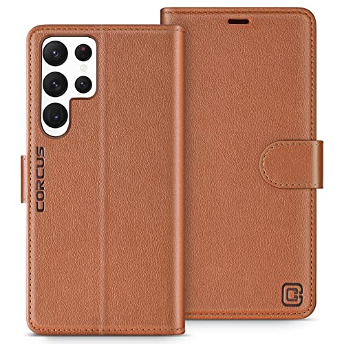 CORCUS Galaxy S22 Ultra Case Wallet with Card Holders-Protective Faux Leather Flip Cases with Stand RFID Blocking Folio Cover for Men Women Compatible with Galaxy S22 Ultra 5G 6.8 inch-Light brown