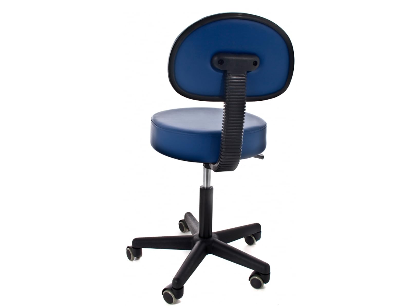 QUIRUMED Taburete con Respaldo, elevación a Gas, con 5 Ruedas, Color Negro, tapizado en Polipiel, Relleno de Alta Densidad, Altura Regulable, hasta 135 kg
