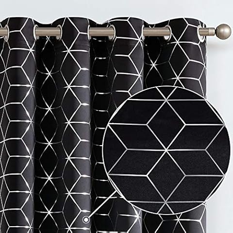 Vangao Black Blackout Curtains 84 Inches Length 2 Panels for Living Room Bedroom Silver Diamond Foil Print Thermal Insulated Grommet Top Window Drapes Cover