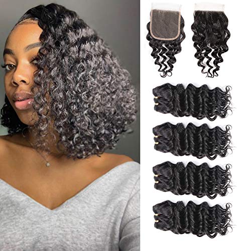 Msjoli Brazilian Virgin Human Deep Wave 4 Bundles With Closure Deep Curly Hair Weave Bundles With 4X4 Free Part Closure Natural Black (8/8/8/8+8, Deep Wave)