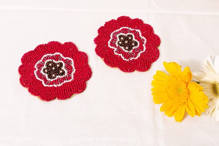 Indian Essence by AD ARTS Salmon panzy Coasters Set of 4 with 4.5 inches Pristine White and Touch of Black Colour