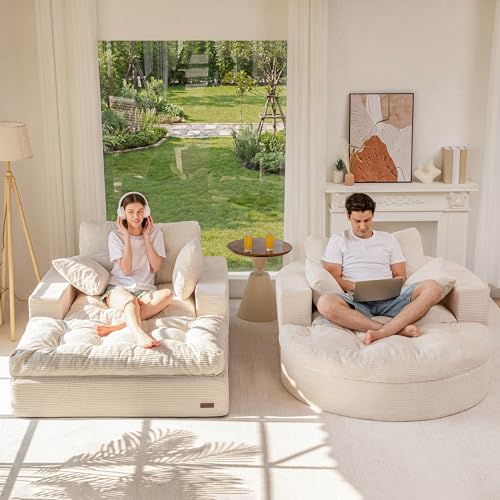 Image of MAXYOYO Modular Sectional Chaise Lounge Sofa, 2 Sets Upholstered Lounge Chair with Ottoman, Comfy Round+ Square Couch with Layered Cushion, Tufted Sleeper Chair for Living Room, No Assembly, Beige