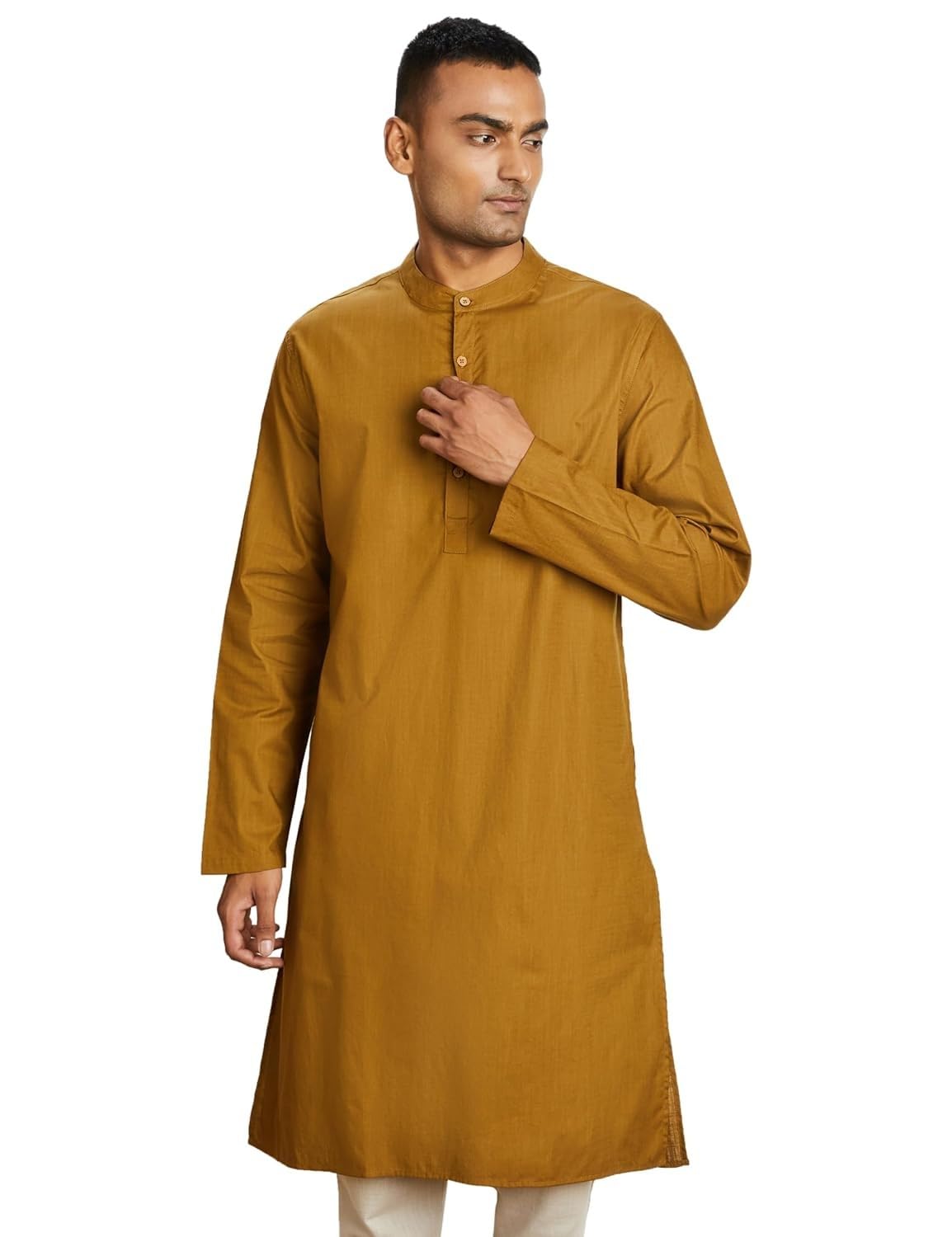 Amazon Brand - Symbol Men's Regular Solid Cotton Long Kurta (SYMETHLKUR-1_Olive