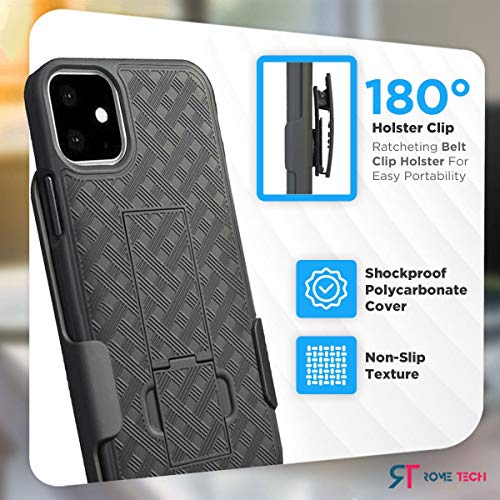 Rome Tech Belt Clip Holster Case For Apple Iphone 11 6.1" [A2111] - Slim Heavy Duty Shell Holster Combo - Rugged Phone Cover With Kickstand Compatible With Iphone 11 - Black #TOP2