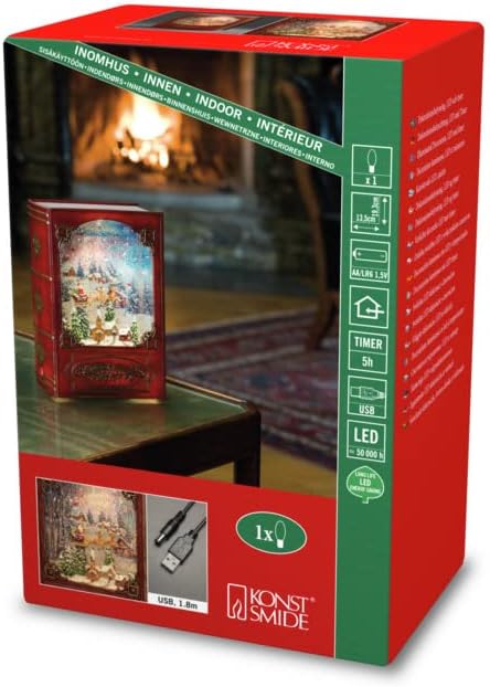 Konstsmide Christmas Decorations LED Snow Globe Lantern Christmas Santa in his Sleigh/Indoor, 5 Hour Timer/Battery Operated: 3xAA 1.5V (excl.)/Christmas Lantern 1 Warm White Diodes Red