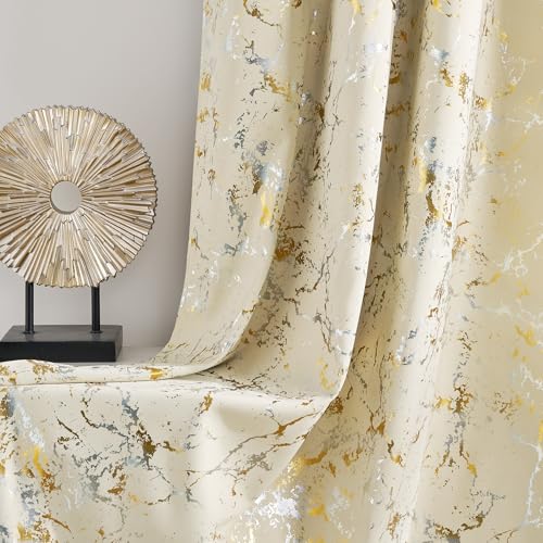NICETOWN 100% Blackout Silver and Gold Patterned Curtains for Living Room Bedroom Beige Marble Print Modern Full Light Blocking Noise Reducing Thermal Insulated Abstract Drapes, W52xL84, 2 Panels