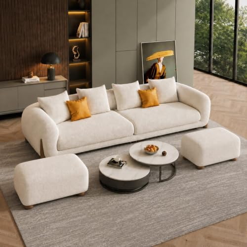 Image of Modern Boucle Sofa for Living Room Bedroom Reception and Office Wooden Polished Leg Sofa for Living Room (Off White, 3 Seater +Ottoman Set)