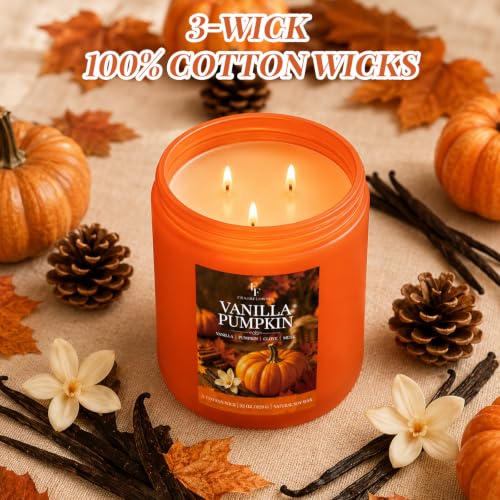 Image of Large Fall Candle Vanilla Pumpkin Scented, 3-Wick 22oz Long Lasting