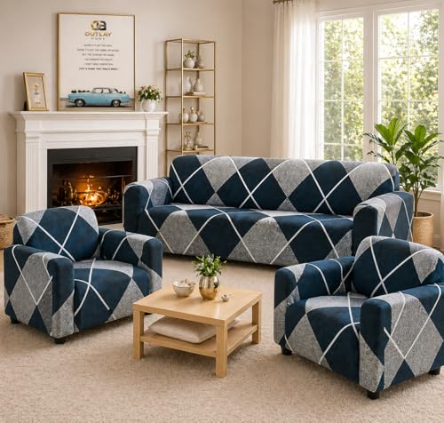Image of Digital Print Sofa Cover Fully Covered 5 Seater Sofa Cover Non-Slip Sticky Elastic Stretchable Sofa Set Slipcover, 5 Seater (3+1+1) (Blue Rhombus)