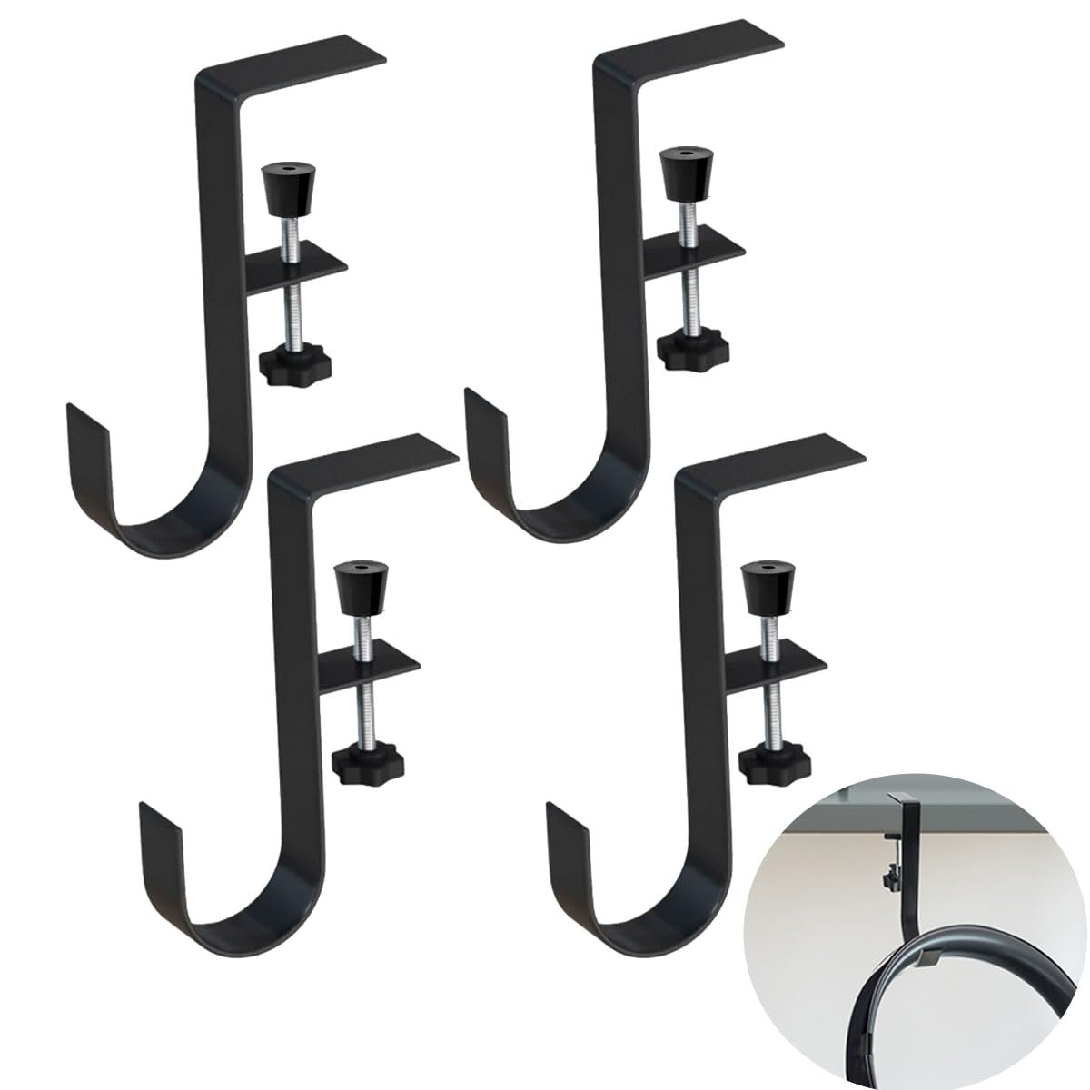 Teadokly 4pcs Desk Hooks, Under Shelf Table Storage Hooks Clip-On Desktop Accessory for Organizing Book Bags and Desktop Miscellaneous Items (Black)