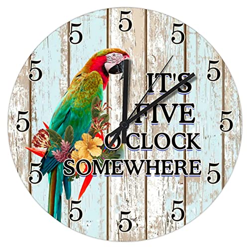 Arabic Numerals Retro Wood Wall Clocks, Parrot It's Five O'clock Somewhere Silent Non-Ticking Wooden Clocks, 15" X 15" Decor For Home Kitchen Living Room Bedroom Office Housewarming Gifts #TOP29