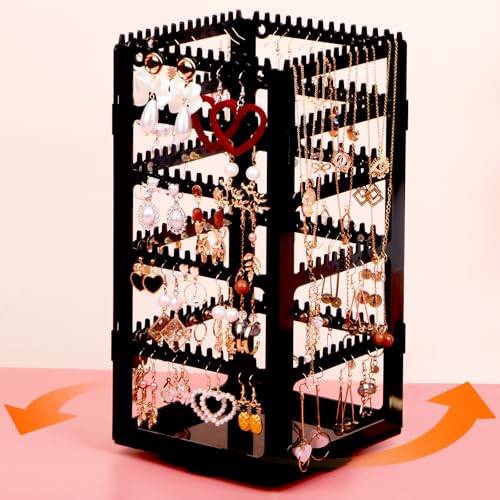 24Aug 360° Rotating Jewelry Organizer Stand with 5 Layers,Acrylic Earring Holder Organizer Stand,228 Holes & 232 Grooves for Studs,Dangly Earrings,Chains,Bracelets,Necklace