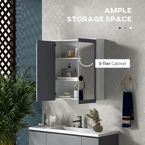 Armario de baño con espejo kleankin, 27" x 30", montaje en pared, blanco | Armario con espejo para baño, con almacenamiento, puertas dobles y 2 estantes ajustables miniatura 4