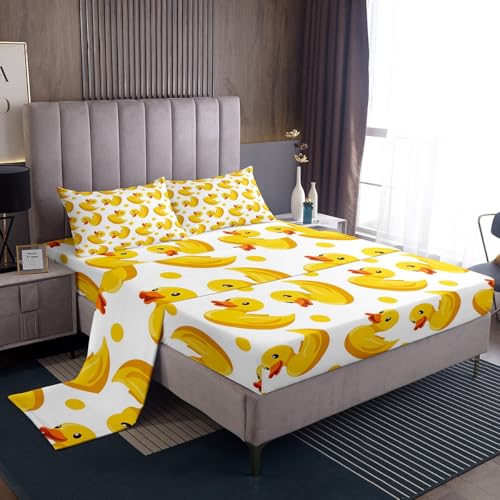 Erosebridal Kids Cartoon Duck Bed Sheets Full Size Boys Girls Cute Yellow Duck Flat Fitted Sheet Funny Rubber Ducks Sheet Set Cartoon Farm Animal Sheets