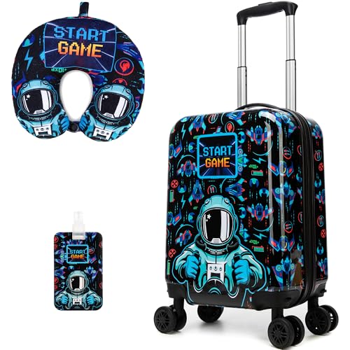 Image of Kids Luggage Set Carry On Rolling Suitcase with U shaped Pillow Toddler Suitcase for Boys Travel Set Rocket Hardside Luggage with Spinner Wheels Airline Approved
