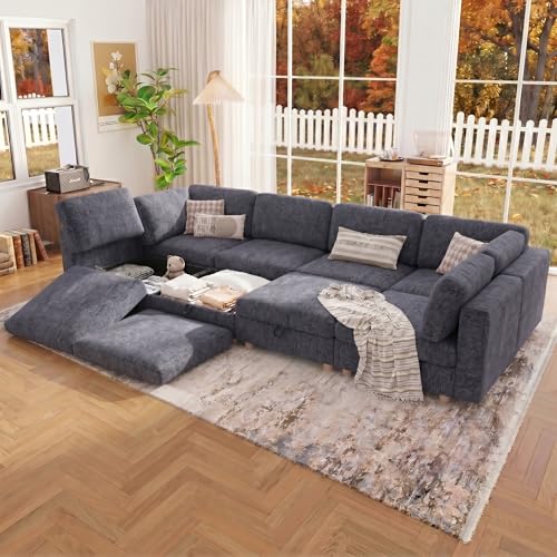 Image of 128 inch Modular Sectional Sleeper Sofa, 8 Seaters Chenille Modular Sectional Sofas, Sleeper Sofa Bed with Storage & Ottoman, Sleeper Couch with Removable Covers, Grey Sectional Couches for Living Room