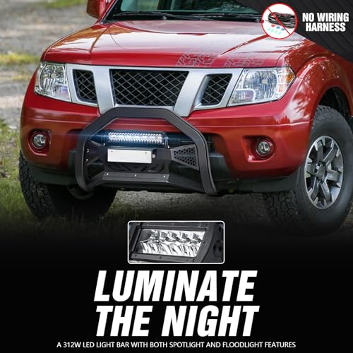 Image of for Frontier Bull Bar Front Brush Guard with LED Light Bar & License Plate Frame Compatible with 2005-2021 Nissan Frontier, Truck Guard Grille Bumper Push Bar (Include Light Mount & Skid Plate)