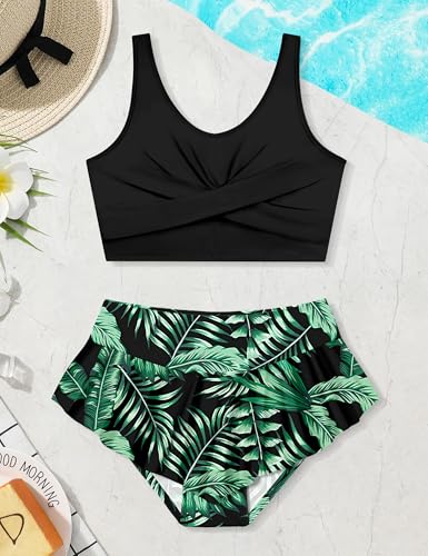 Image of Qaoerde Girls Swimsuit Tropical Print Bikini Set with Ruffle Hem Two Piece Criss Cross Bathing Suits for Girls 7-16 Years