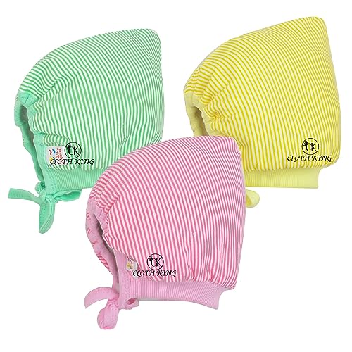 Image of Presents Newborn Baby Strip Print Caps Soft Cotton Hosiery Caps with Double Layer(Pack of 3).