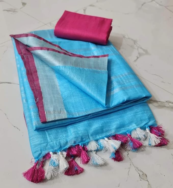 Image of STB-SILK TEXTILES BHAGALPUR Women's Linen Slub Saree With Contrast Blouse Piece