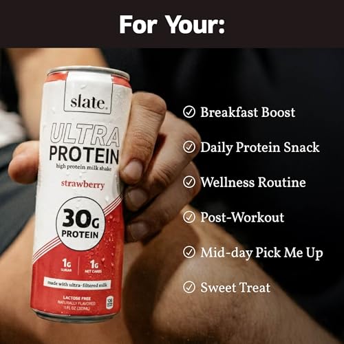 Image of Slate Milk Ultra High Protein Milk Shake (Neapolitan Pack) Chocolate, Vanilla, & Strawberry - 30g Protein, 1g Sugar, 130 Calories, 1-2g Net Carbs - No Added Sugar - Lactose Free - 11 fl oz, 12 Cans