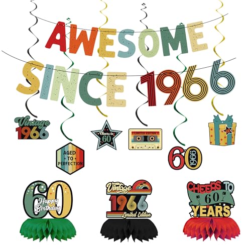 Image of Crenics Vintage 1966 60th Birthday Decorations for Men or Women | Awesome Since 1966 Banner, Honeycomb Centerpieces and Hanging Swirls for 60 years old Party Supplies