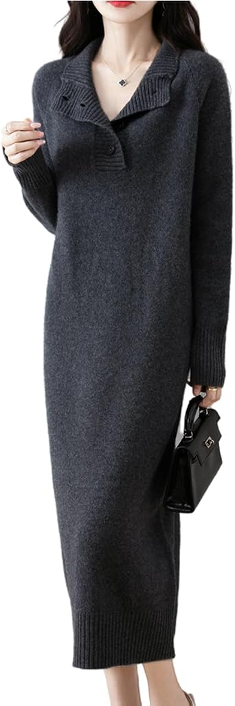 100% Merino Wool Long Sweaters Womens Buckle Open Collar Neck Knitted Pullover Winter Thick Loose Tops