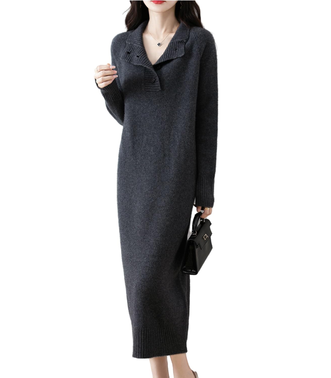 100 Merino Wool Long Sweaters Womens Buckle Open Collar Neck Knitted Pullover Winter Thick Loose Tops