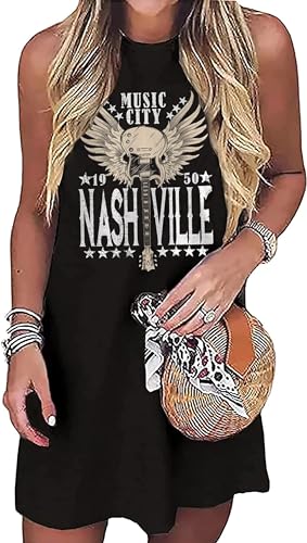 NITRFLA Nashville Music City Mini Dress Women Country Music Rock Band Sleeveless Dress Vintage Guitar Wings Graphic T Shirts Dress(Black,S), Small : Clothing, Shoes & Jewelry