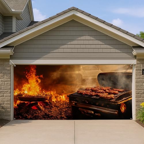 Fiery BBQ Grill Garage Door Cover, Large Flame Outdoor Cooking