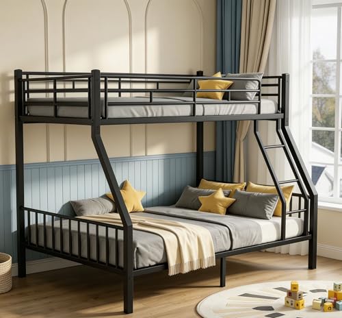 Heavy Duty Twin XL Over Queen Bunk Bed Metal Steel Bed Frame with EVA-Padded Angled Ladder & Full-Length Guardrails Bunk Beds Twin XL Over Queen for Teens & Adults No Box Spring Needed Black