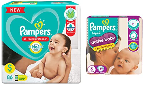 Image of Pampers All round Protection Pants, Small size baby diapers (SM) 86 Count, Lotion with Aloe Vera & Active Baby Taped Diapers, Small size diapers, (SM) 22 count, taped style custom fit