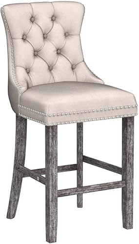 Miniatura 4 de SoarFlash Juego de 2 taburetes de bar tapizados de terciopelo moderno con patas de madera, botones acolchados, cabeza de clavo cromada, asiento de