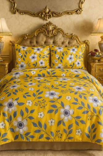 Image of Premium Glace Cotton Flat Double Bedsheets, 90 x 100 Inches with 2 King Size Pillow Cover 17 x 27 Inches, Floral (Yellow)