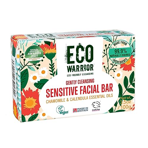 Eco Warrior Sensitive Facial Bar Soap | Vegan, Cruelty-Free, No SLS or Parabens, Eco Friendly - Gently Cleansing Natural Soap Bar Made with Castile Olive, Chamomile & Calendula Essential Oils, 100g