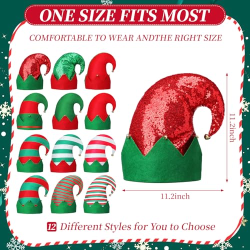 Tisancy HEQ-TISANCY-6441 12 Pieces Christmas Hat Christmas Elf Hat Colorful Funny Hats With Bells Christmas Holiday Party Hats thumb #1