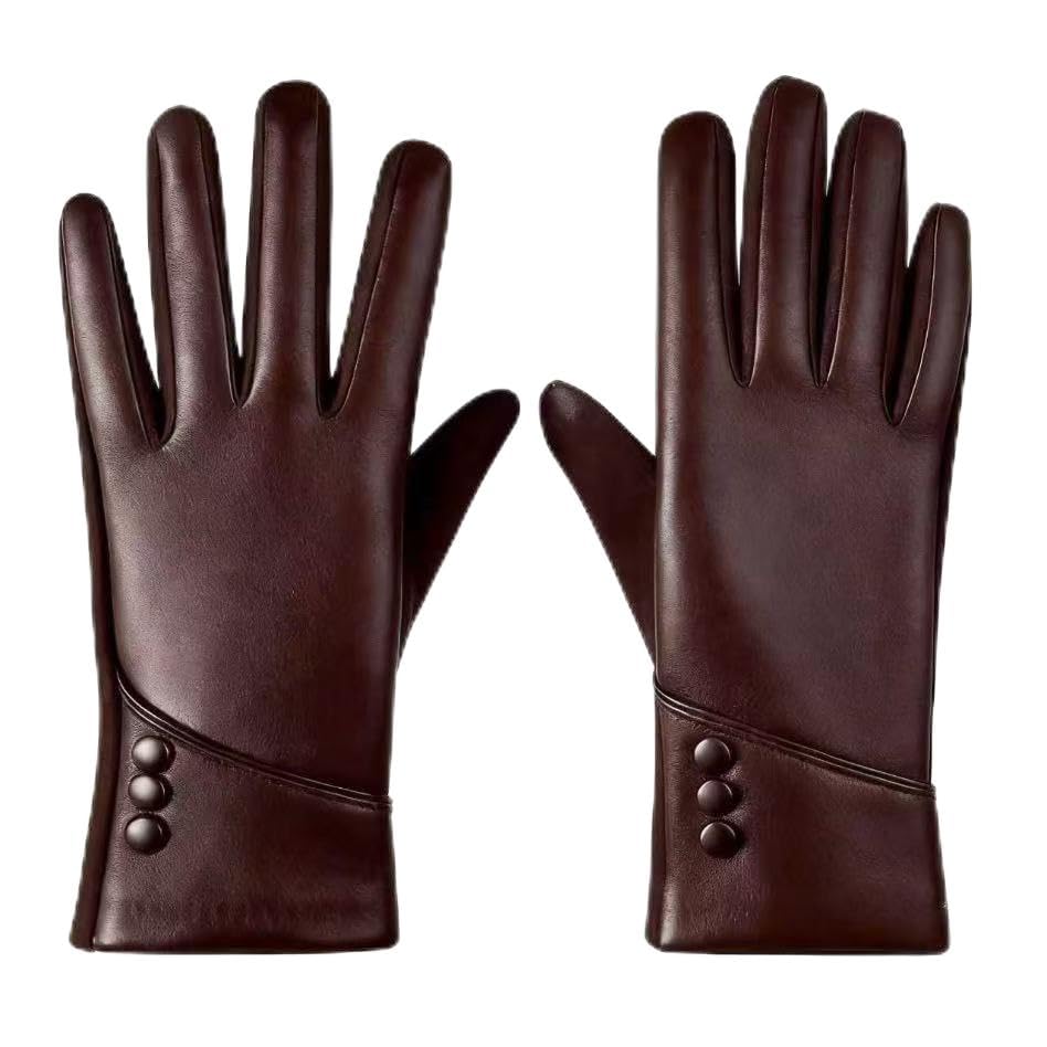 Yloxuf Womens Winter Leather Gloves with Touch Screen Function Cozy Wool Lining Windproof Design Fashion Driving Gloves Dark coffee color