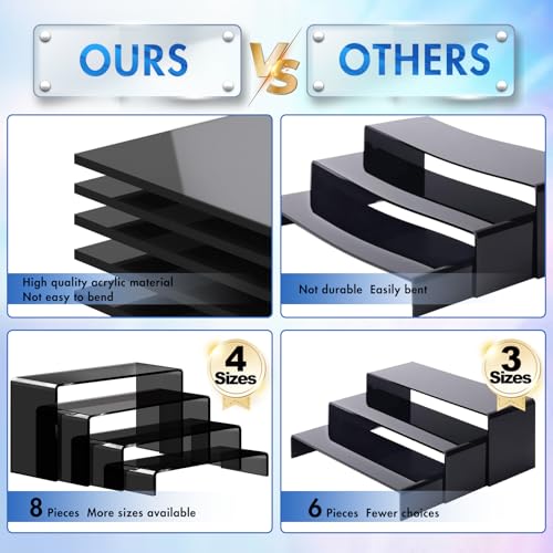 Image of Aheroi Acrylic Risers, 8 Pcs 2 Set(7 inchL~8 inchL~9 inchL) Display Risers, Black Arylic Display Stands Acrylic Shelf Riser, Display Holders for Vendor Events, Cupcake Stands, Toys Display Clear Shelves
