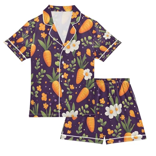 senya Carrot Flower 1 Satin Summer Pajama Sets Silk Short Sleeve Button Down Sleepwear